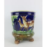 Victorian Majolica planter, the blue ground with Deer in a Forest pattern, with a pink glazed