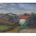 20th century school, Hillside Dwelling with Red Roof , Oil on board, signed indistinctly, framed, 28