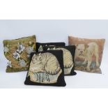 Collection of five cushions to include a tapestry and beadwork pillow, three with cat pattern and