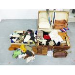 Trunk containing a collection of miscellaneous vintage scarves, handbags, parasols and other