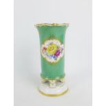 Meissen porcelain spill vase, the green ground with a handpainted floral panel within a gilt edged