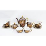 Continental porcelain tea / coffee set, transfer printed with figures to a brown ground with