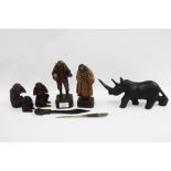 Collection of wooden items to include a rhinoceros, figures and monkeys, etc (8)