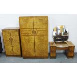 Art Deco burr walnut bedroom suite comprising wardrobe, tall boy and dressing table, (3) 194 x 118cm