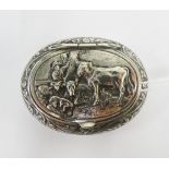 Continental silver pill / snuff box, the oval lid with cattle and a figure, 6cm
