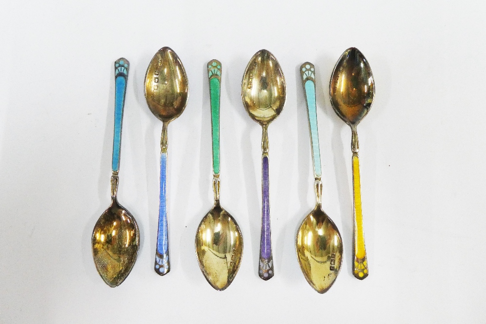 Boxed set of six silver and enamel coffee spoons, Robert Chandler, Birmingham 1923 (6) - Image 3 of 4