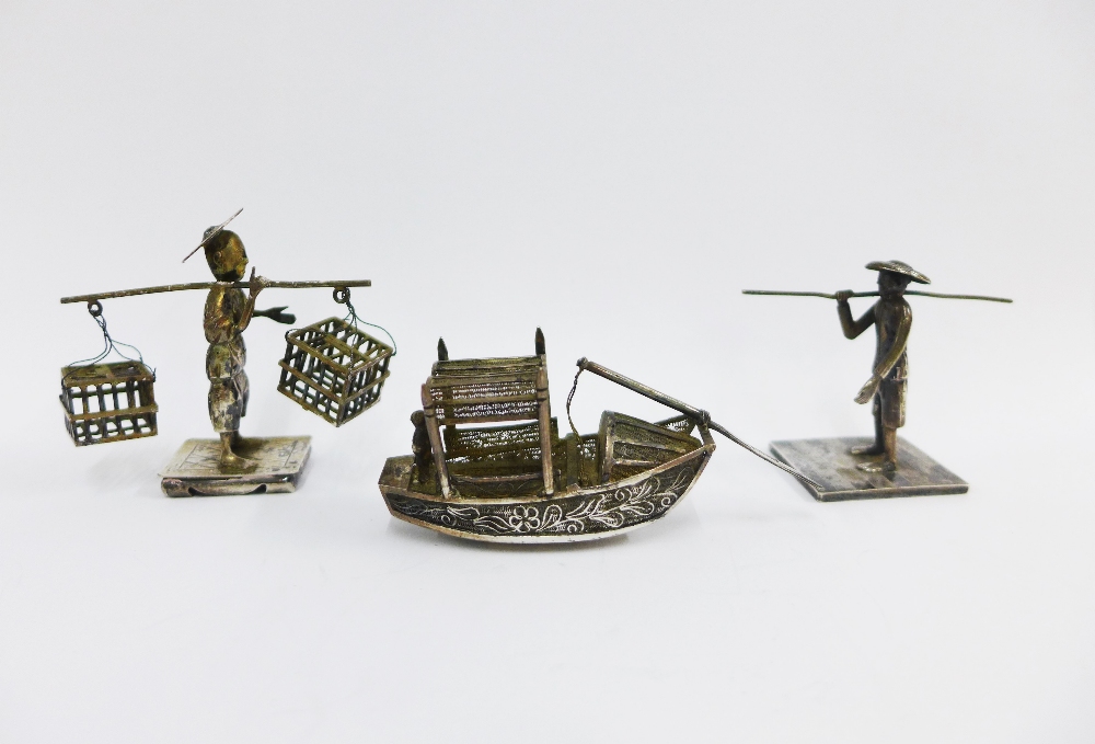 Seven various Chinese silver and white metal figures together with a boat, rickshaw and turtle, - Image 3 of 4