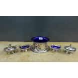 Epns wares to include a serving dish and cruet set with blue glass liners, (a lot)