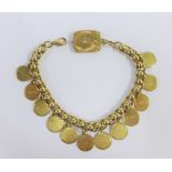 9ct gold belcher chain bracelet hung with a quantity of 9ct gold engraved name tag discs, overall