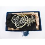 A strand of cultured pearls, paste jewellery and a 9ct gold brooch, etc (a lot)