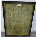 Antique needlework Sampler with verse, house , flowers and initials, worked by Agnes Greenfield,