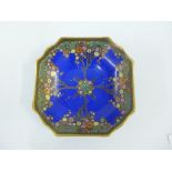 Crown Devon blue glazed bowl of square outline, handpainted with stylised art deco flowers, with