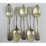 Five Georgian silver table spoons, mixed hallmarks to include two London 1828, two Dublin 1822 and