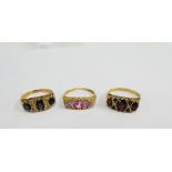 Three 9ct gold gemset dress rings, (3)