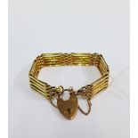 9ct gold five bar gate link bracelet with a heart padlock, stamped 9ct