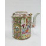 Famille rose Canton enamel wine / teapot, with basket weave swing handle, 17cm high