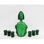 Early 20th century malachite floral moulded liqueur set comprising decanter and stopper and set of