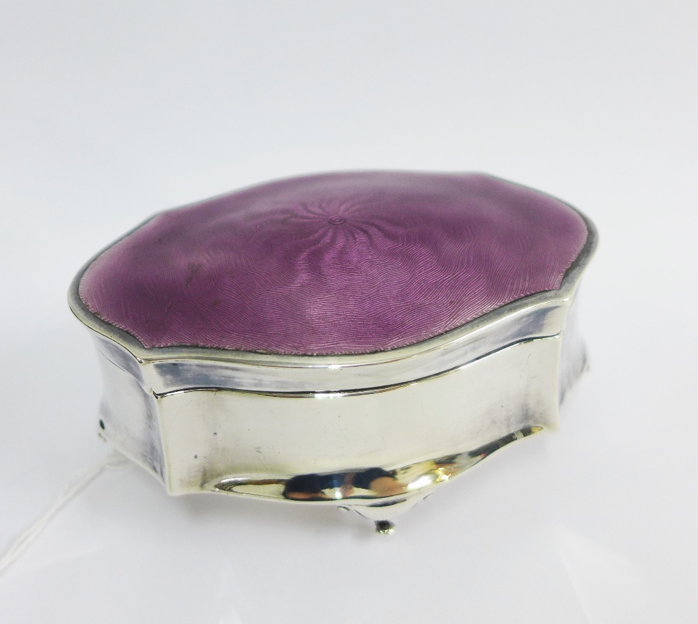 George V silver box, with purple guilloche enamel hinged lid, on four hoof feet, Birmingham 1912,