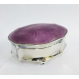 George V silver box, with purple guilloche enamel hinged lid, on four hoof feet, Birmingham 1912,