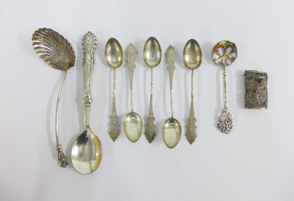 Silver filigree box, white metal and enamel spoon, five Birmingham silver teaspoons and two Epns