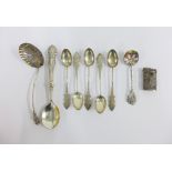 Silver filigree box, white metal and enamel spoon, five Birmingham silver teaspoons and two Epns