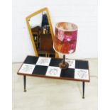 Mid century tile top coffee table, teak framed wall mirror and wooden lamp base with a retro