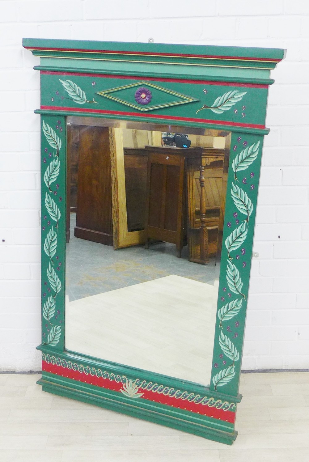 Green painted wall mirror with rectangular plate, 138 x 87cm