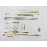 Four 9ct gold necklaces, an 18ct gold cased wrist watch, collection of yellow metal earrings and a