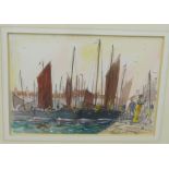 Peter Knox, Mending Nets, Watercolour, signed, in glazed frame 18 x 12cm