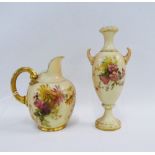 Royal Worcester blush ivory jug and twin handled vase, both with handpainted flowers, tallest 16cm
