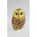 Royal Crown Derby owl Imari paperweight, with printed backstamp and gold stopper, 12cm high