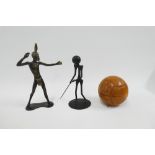 Mixed lot to include an Austrian bronze figure, black metal golfing figure and a leather cased