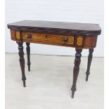 19th century mahogany and burrwood fold over table, with a single frieze drawer and on tuned legs,