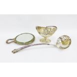 Victorian London silver sugar basket, Chester silver backed hand mirror and an Epns ladle (3)