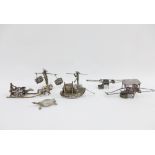 Seven various Chinese silver and white metal figures together with a boat, rickshaw and turtle,
