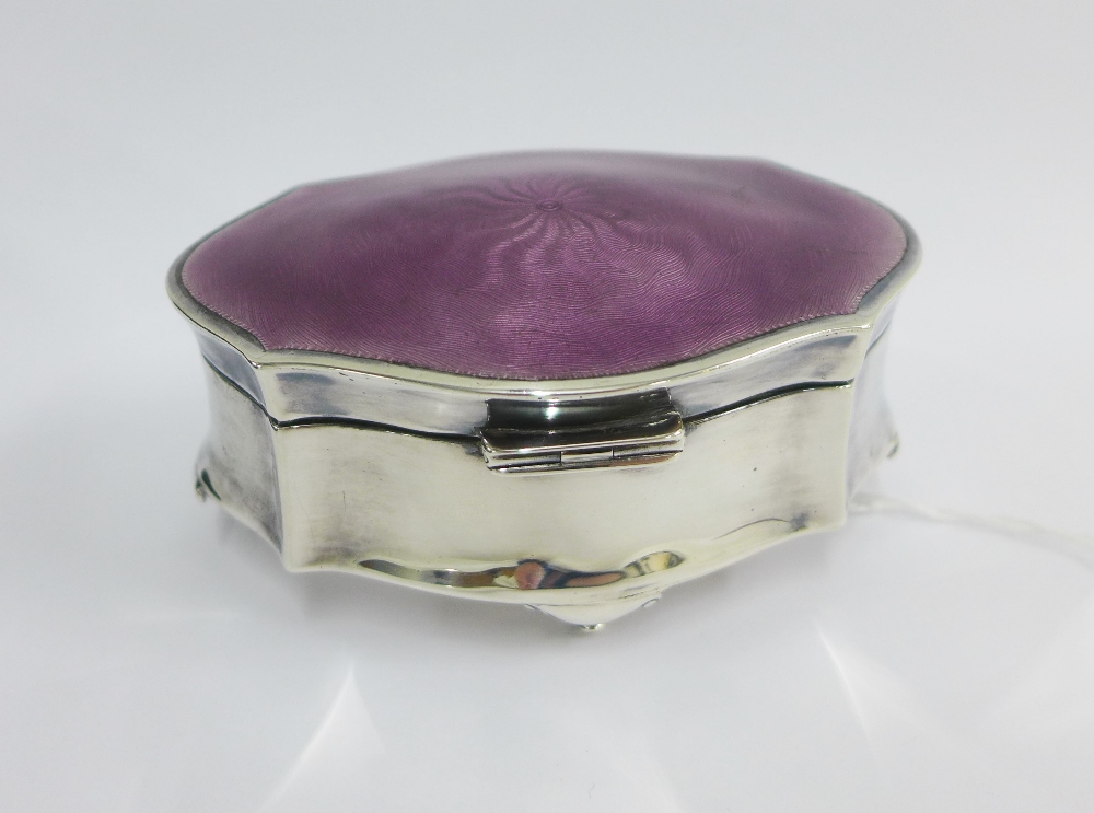 George V silver box, with purple guilloche enamel hinged lid, on four hoof feet, Birmingham 1912, - Image 2 of 4