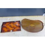 Mahogany and shell paterae inlaid kidney shaped tray with brass handles together with a modern