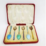 Boxed set of six silver and enamel coffee spoons, Robert Chandler, Birmingham 1923 (6)