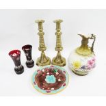 Mixed lot to include a pair of brass candlesticks, Majolica plate, pair of red glass vases and a