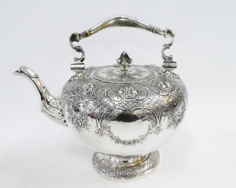 Victorian Scottish silver kettle, Robb & Whittet, Edinburgh 1849, with scroll handle, chased with