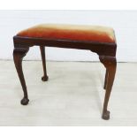 Mahogany stool with upholstered slip in seat, on cabriole legs with claw and ball feet, 46 x 56cm