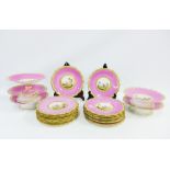 19th century pink and gilt glazed porcelain dessert service comprising set of seventeen plates,