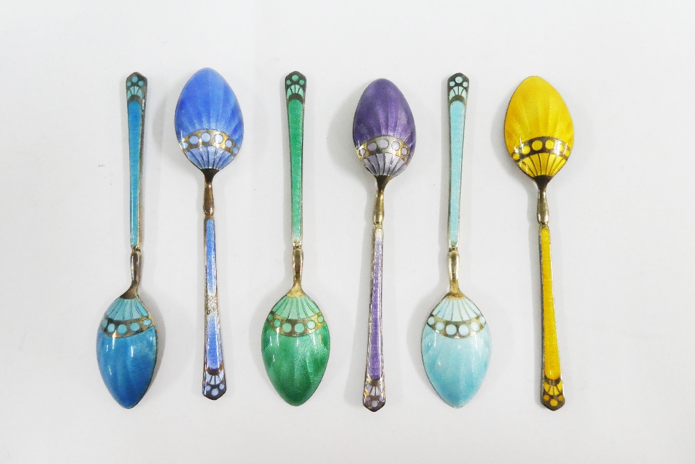 Boxed set of six silver and enamel coffee spoons, Robert Chandler, Birmingham 1923 (6) - Image 2 of 4