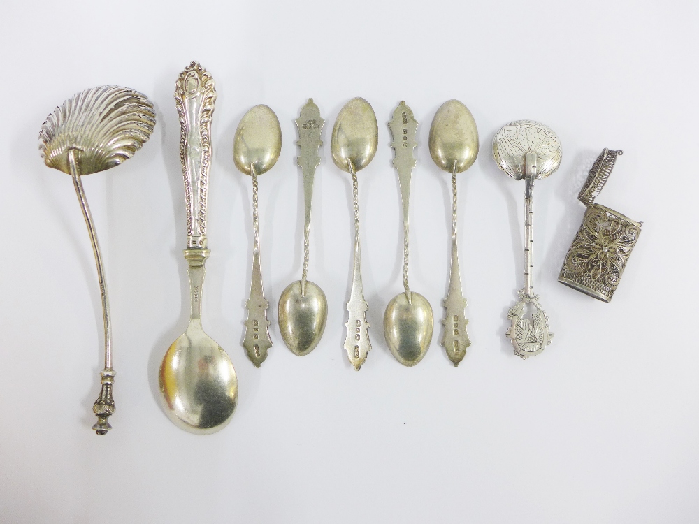 Silver filigree box, white metal and enamel spoon, five Birmingham silver teaspoons and two Epns - Image 2 of 2