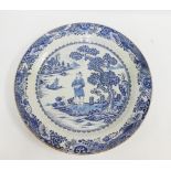 Large Chinese blue and white charger with fisherman pattern to centre, rim restored, 54cm diameter