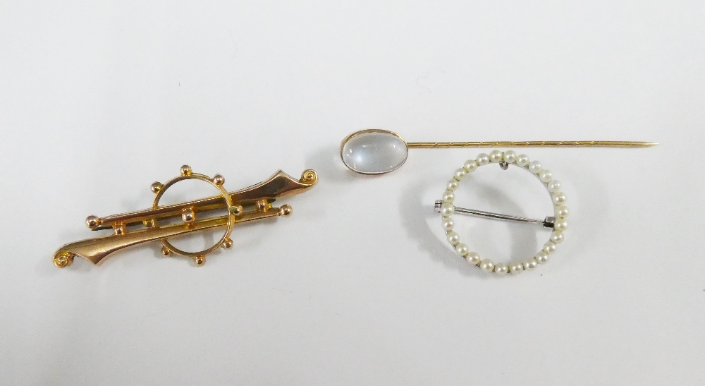 14ct white gold brooch of circular form set with seed pearls, together with an unmarked gold bar - Image 2 of 3