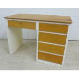 Mid century desk with five light oak drawers, 77 x 107cm