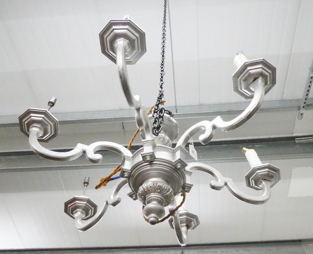 Silver painted wooden light fitting with six branches - Image 2 of 2