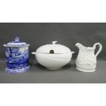 Mixed lot to include Spode Italian blue and white jar and cover, contemporary white glazed tureen