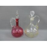 Cranberry glass decanter and stopper and another (2)